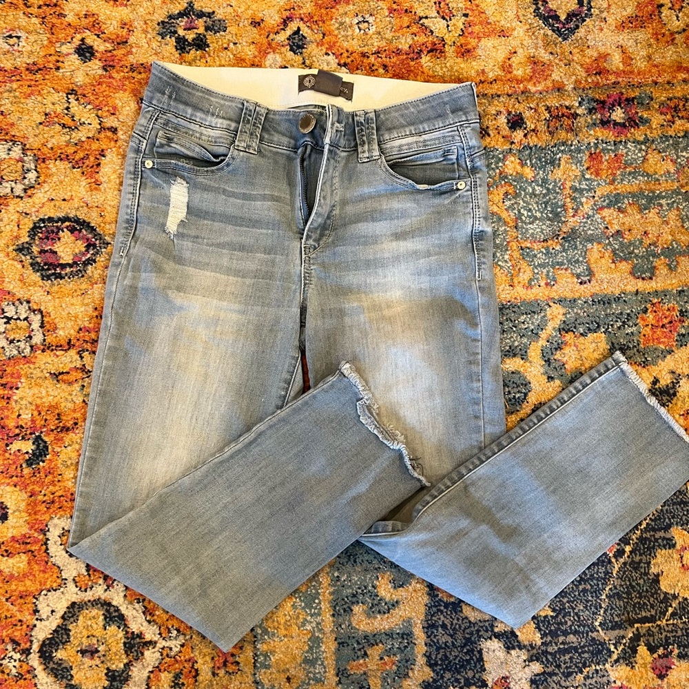 Democracy Light Blue cropped fringe jeans